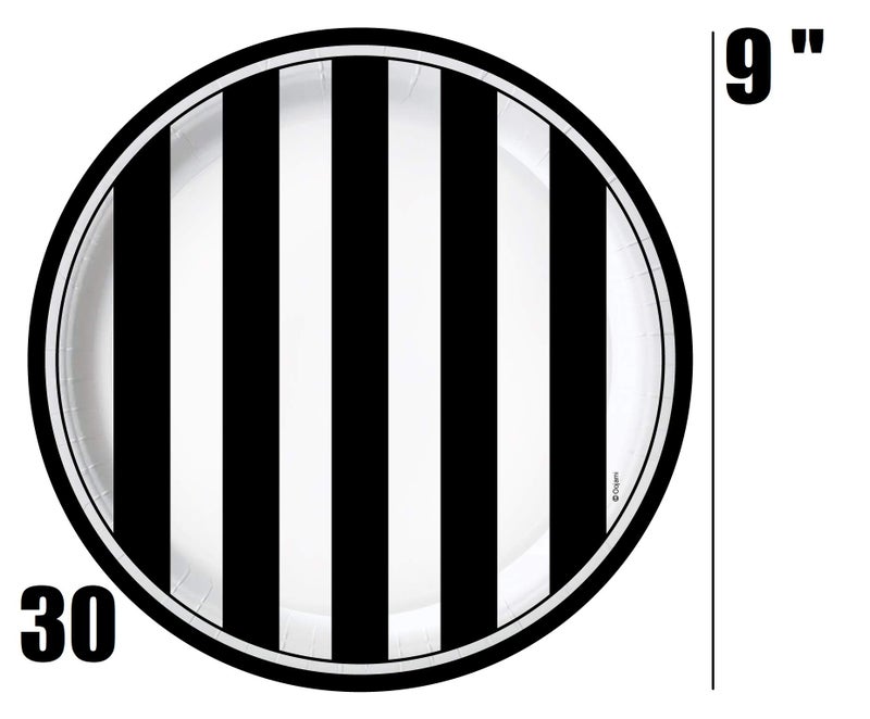 Oojami Serves 30 Black and White Stripes Party Supplies â€“ 9" Dinner Plates, 7" Dessert Plates, 9 oz Cups, 3-Ply Napkins Complete Party Pack for Birthdays, Graduations, Weddings, and Events - Image 2